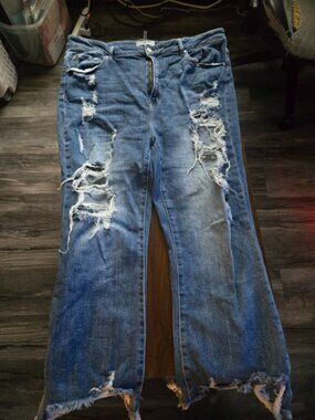 Risen Jeans Womens 3X Plus Stretch Wide Leg Distressed Ragged Raw Hem Denim Dark